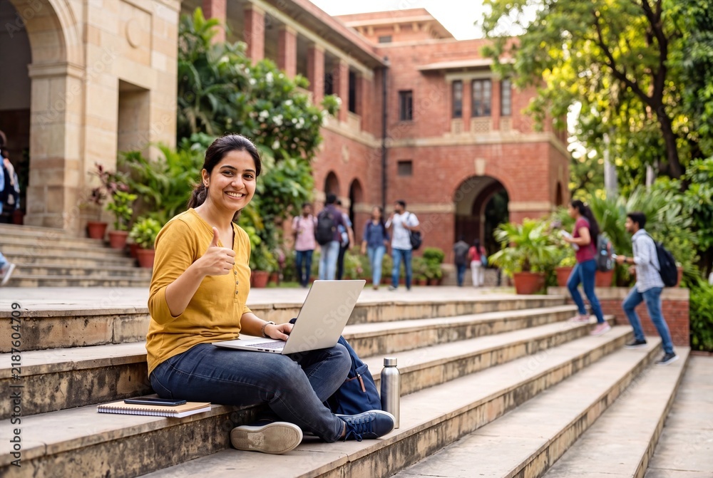 Obraz premium Happy Indian Female College Student Sitting on Campus Stairs Using Laptop and Showing Thumbs Up Sign