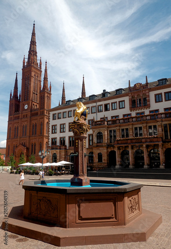 Marktbrunnen, Marktkirche and New Town Hall in Wiesbaden