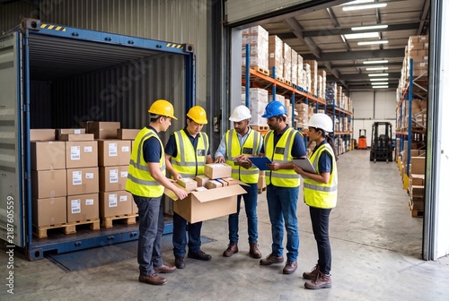 Diverse logistics team inspecting cardboard boxes near a shipping container inside a modern fulfillment warehouse