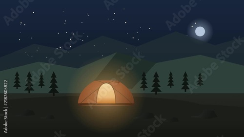 Flat 2D Animated Time Lapse of Mountain Camping Tent with Day to Night Cycle, Seamless Loop for Outdoor Adventure Promo.