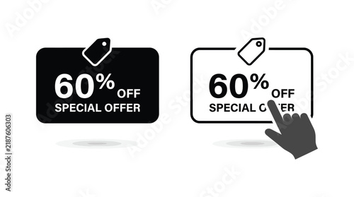 Discount banner with price tag and hand click icon vector illustration