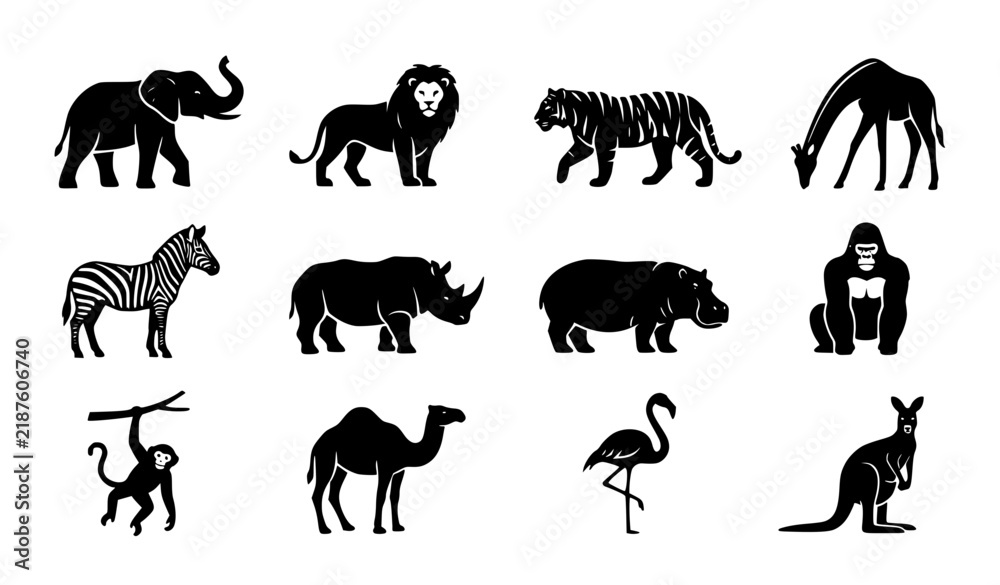 Fototapeta premium Zoo Wildlife Silhouette Icons Set with Elephant Lion Tiger Giraffe Zebra Rhino and Monkey