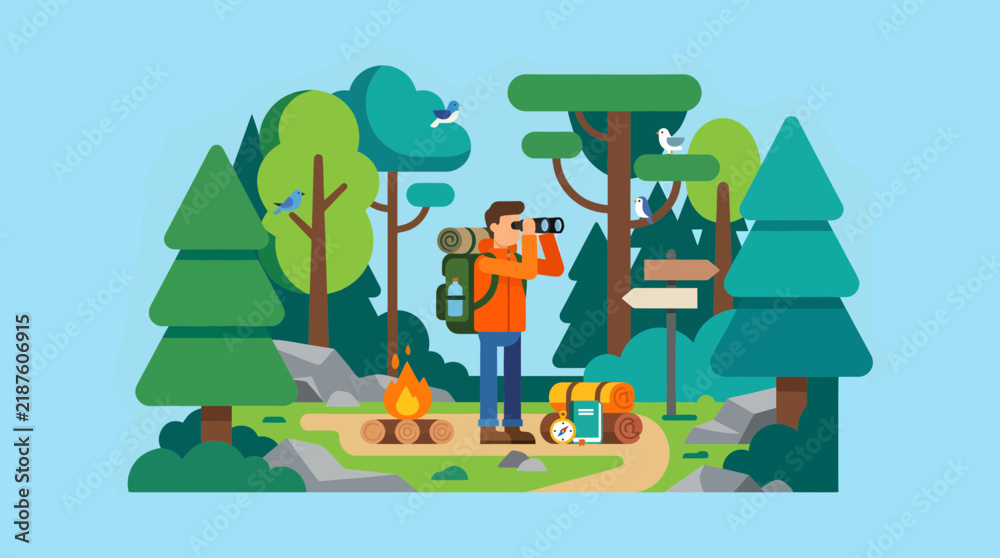 Naklejka premium Backpacker Bird Watching in Forest Camping Adventure