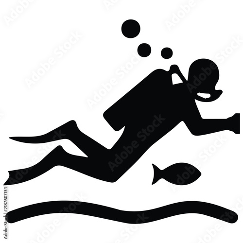 Scuba diver swims with fish near seabed in minimalist underwater graphic design vector.