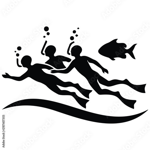 Three scuba divers swimming underwater with fish and ocean waves black and white silhouette.
