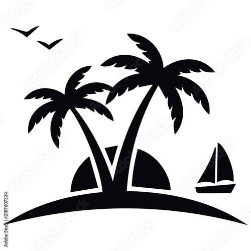 Tropical island silhouette with palm trees and sailboat under sunset for travel designs.