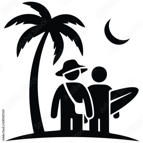 Tropical island with palm tree and two people enjoying beach with surfboard and bag black.