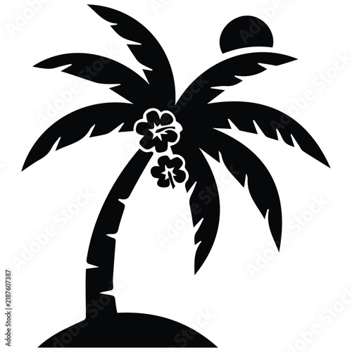 Tropical palm tree silhouette decorated with blooming hibiscus flowers under setting sun.