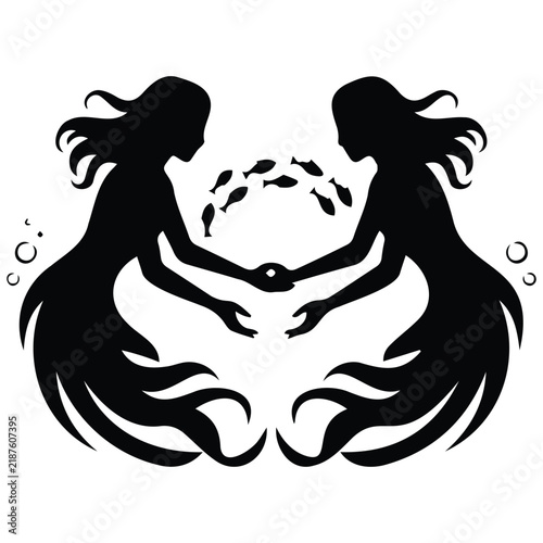 Two mermaids holding hands surrounded by school of fish in underwater fantasy vector.