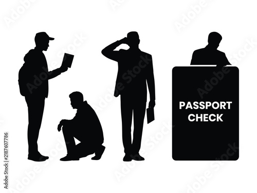 People at Passport Check Counter Silhouette Illustration