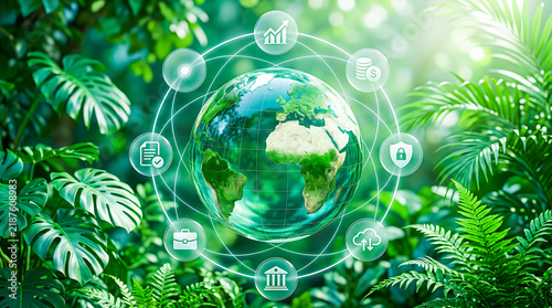 Green Sustainable Business Concept with Glass Globe and Digital Network Icons in Tropical Jungle Background
