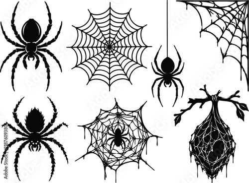 Black spider silhouettes and web designs on a white background