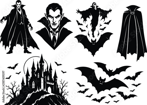 Black silhouettes of vampires bats and a haunted castle on a white background