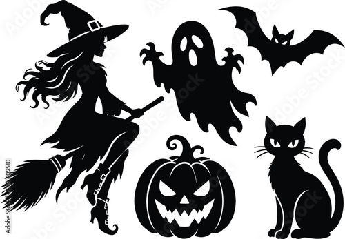 Halloween silhouettes featuring a witch ghost bats pumpkin and black cat