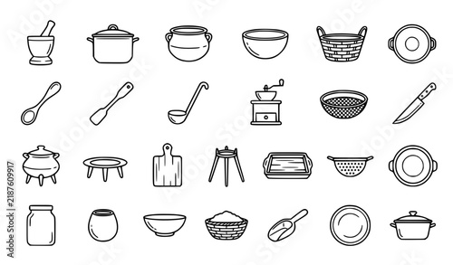 Traditional African Cooking Utensils and Kitchenware Minimal Line Icon Set