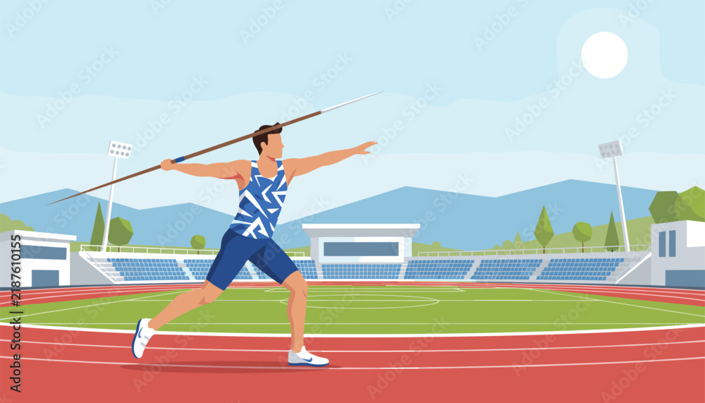 Obraz premium Concentrated javelin thrower prepares to release the spear at a professional sports stadium with a running track and sunny blue sky.
