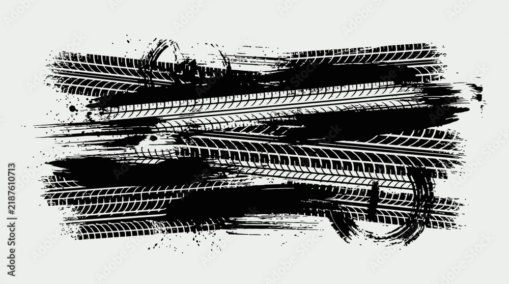 Obraz premium Horizontal black tire tread marks with grunge paint brush strokes isolated on light gray background vector design element for automotive racing themes and high speed vehicle branding concepts