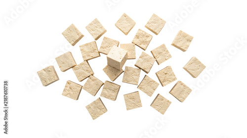 Many small cubes of firm tofu scattered on a transparent background, isolated on transparent background