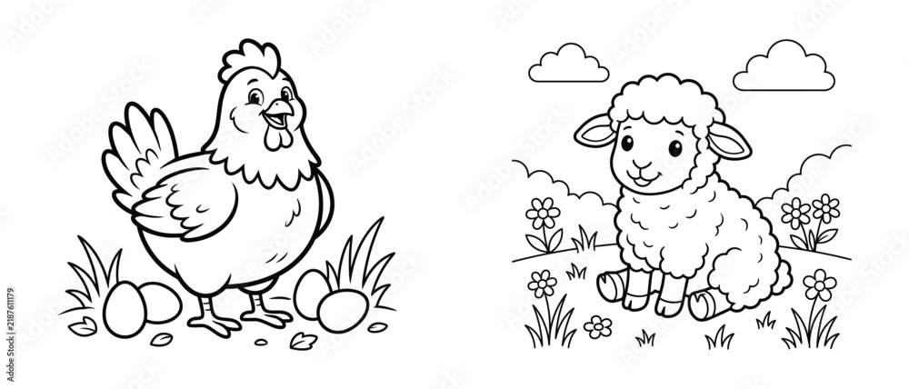 Obraz premium Coloring page set featuring a happy chicken standing near eggs and a fluffy sheep sitting in a grassy meadow with flowers and clouds above
