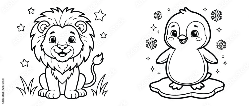 Fototapeta premium Coloring pages for kids featuring a friendly lion sitting in the grass with stars and a cute penguin standing on an ice floe with snowflakes