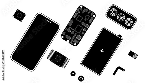 phone components floating separately showing internal hardware.eps