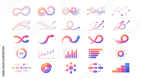 Set of modern gradient business infographic elements and data visualization icons isolated on transparent background