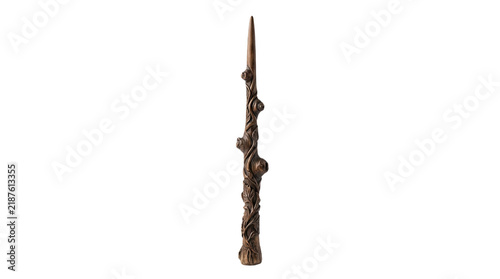 A detailed wooden magic wand with carved leaf and knot patterns isolated on transparent background
