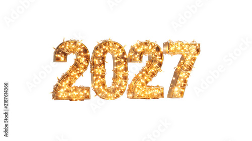 3d render of the year 2027 numbers decorated with glowing golden fairy lights isolated on transparent background