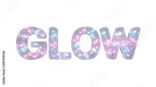 Glowing 3d letters spelling glow filled with pink and blue fairy lights isolated on transparent background