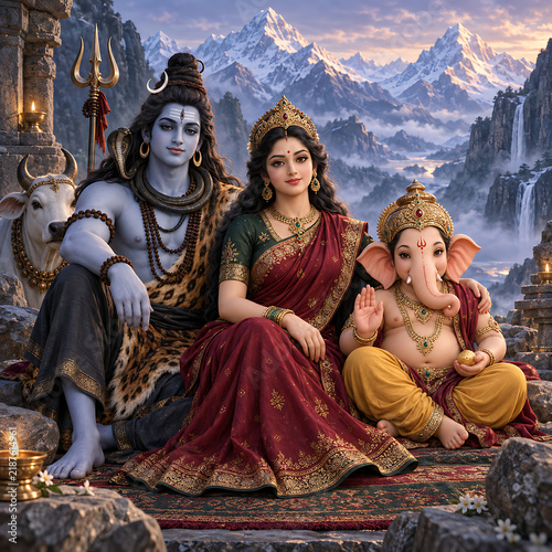 Devotional mountain portrait showing ganesha with mahadev and durga beside nandi for ganesh chaturthi maha shivratri and durga puja sacred celebration artwork
