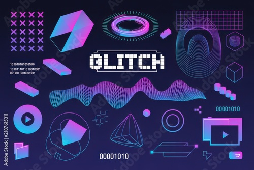Futuristic digital glitch graphic elements collection with neon geometric shapes and data