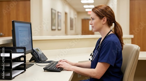 Nurse in blue scrubs working on computer in hospital hallway with stethoscope, healthcare professional.