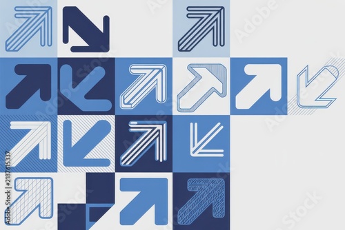 Geometric abstract pattern featuring blue and white arrows in a grid layout