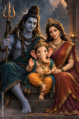 Intimate sacred portrait of ganesha with mahadev and durga on temple steps for ganesh chaturthi maha shivratri and durga puja spiritual devotion