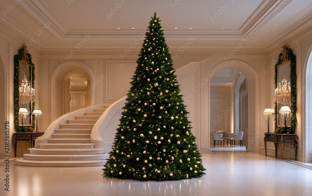 Fototapeta premium Luxurious Christmas Tree Display in Grand Lobby of Hotel