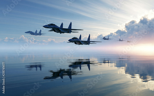 Majestic aerial display: Formation of fighter jets flying over a tranquil ocean scape