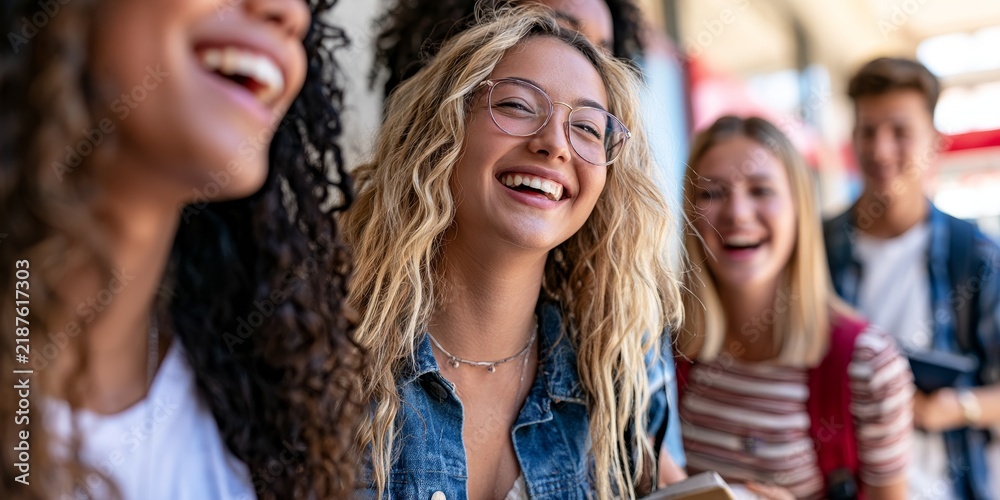Obraz premium A group of diverse young adults laughing together outdoors, featuring a smiling woman with blonde curly hair and glasses in the foreground, conveying joy and friendship.