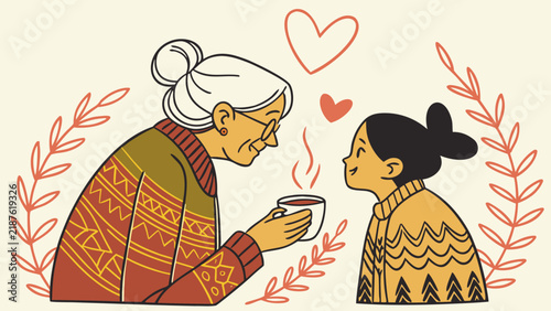 Grandmother and granddaughter sharing love and affection, illustrating family bond, generations, care, wisdom, respect and warm relationship