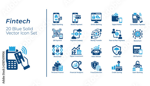 Fintech Icon Set, Digital Banking, Mobile Payment, Blockchain, Robo Adviser, InsurTech, Fraud Detection, Open Banking, Modern Flat Vector Icon Bundle