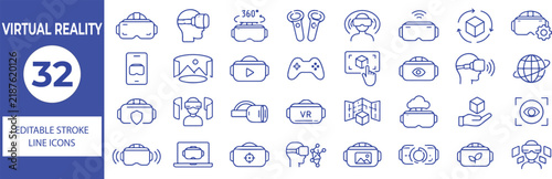 32 Virtual Reality Vector Outline Icons Set,VR Headset, Augmented Reality, Metaverse, Gaming, 360 Degree and Immersive Technology Line Symbols Collection