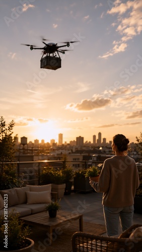 A person operates a drone carrying a delivery box above an urban rooftop with a city skyline in the background during a warm sunset.