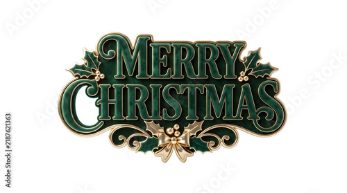 Merry christmas text sign with gold trim and holly leaves isolated on transparent background
