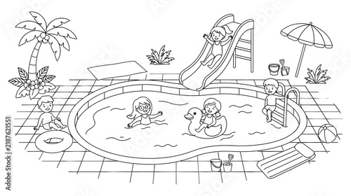 Foto Happy children playing in swimming pool on summer day line art.