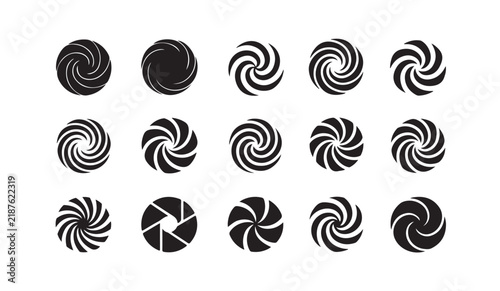 Black spiral and swirl motion icons set featuring vortex and shutter effects for graphic design and dynamic patterns.