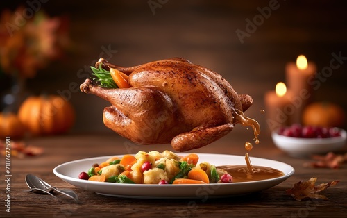 Delicious Roasted Turkey with Gravy and Stuffing on a Dinner Table with Fall Decorations