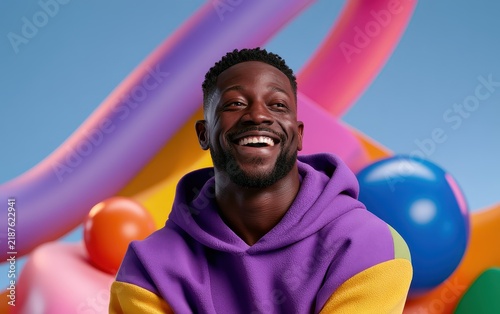 Happy Man in Colorful Outfit Posing in Playful Balloon Surroundings