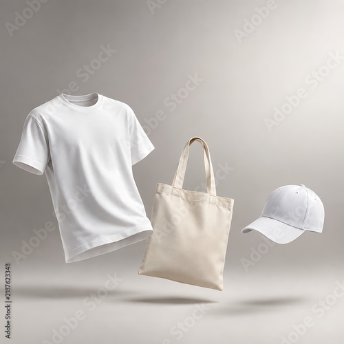 White T-Shirt, Canvas Tote Bag, and Baseball Cap Branding Mockup