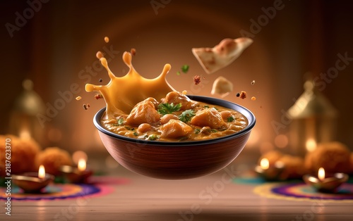 Delicious Indian Curry in Bowl with Spices Served at Festive Indian Dinner Table