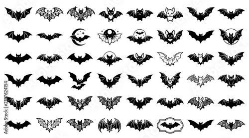 Set of various black bat silhouettes for Halloween decoration
