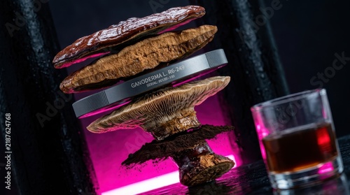 Reishi mushroom stack with neon wellness concept lighting